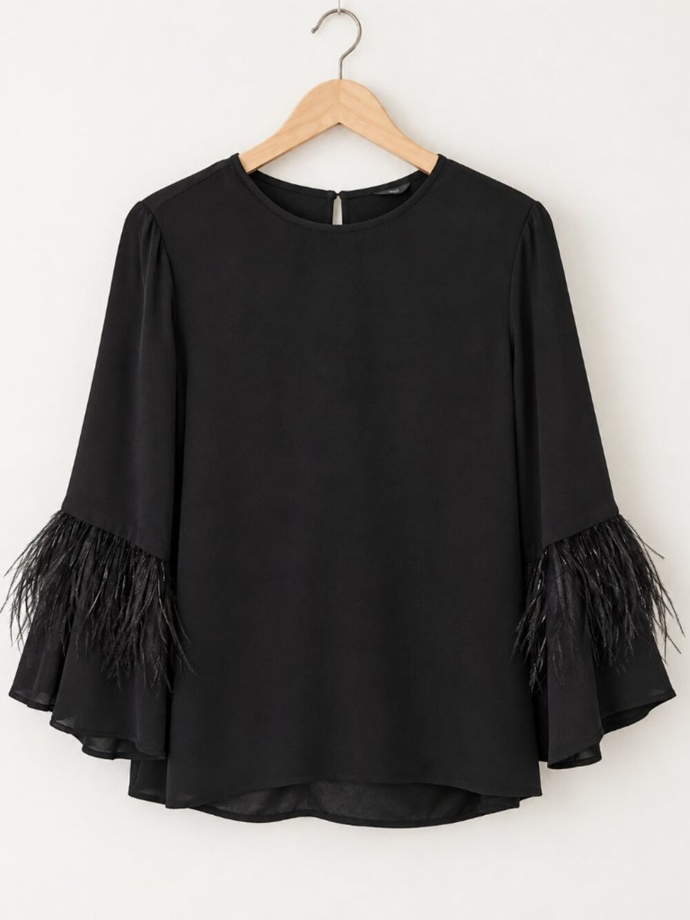 Zara Black Feather Trim Bell Sleeve Blouse Size Small